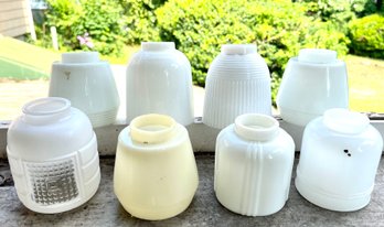 Eight Small Milk Glass Light Shades In Various Styles