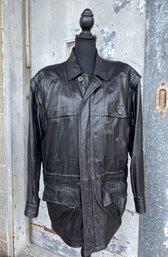 Bally Of Switzerland- Men's Black Italian Leather Jacket With Zippered Removable Sleeves & Pull String Waist