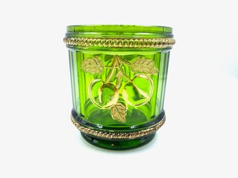 Vintage Northwood Signed Green Glass Jar W/ Cherry Motif - Gold Trim