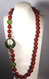 Fine Vintage Large Strand Carved Cinnabar Beads Having Large Cloisonne Enamel Bead Necklace
