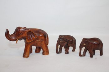 Vintage Lot Of Three Wooden Elephants - Momma And Two Baby Calfs