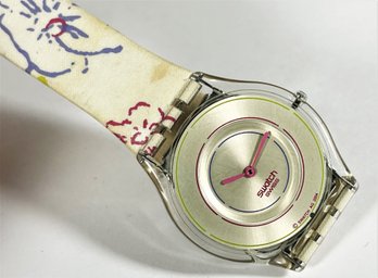 1990s Swatch Ladies Wristwatch White With Flowers