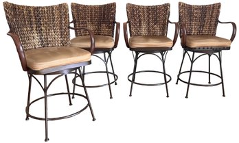 Set Of Four Palecek 'Havana' Swivel Woven Abaca Back Leather Arm And Wrought Iron Counter Stools