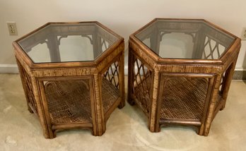 Pair Of Bamboo & Glass Side Tables