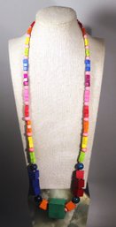 Fantastic 1980s Rainbow Colored Wood Black Beaded Necklace 30'