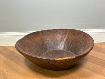 Wow! Large Wooden Antique Bowl With Brass Patchwork