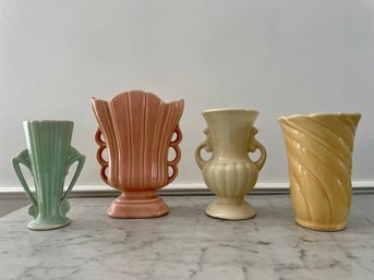 Four 1950s Art Deco Shawnee Pottery Vases Including Pale Yellow Lobed Scroll Handled Vase