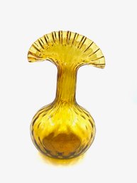 Vintage Hand-blown Amber Optic Glass Vase W/ Fan Style Top