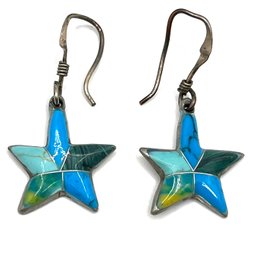 Vintage Designer Signed Mexican Mulit Colored Turquoise Star Dangle Earrings