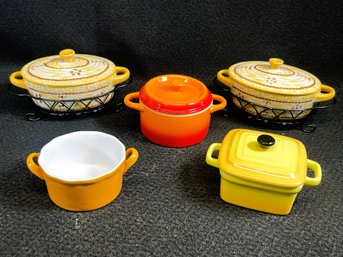 Set Of Five NOS Ovenware Pieces-Two Tempatations By Tara With Wire Holders And Others