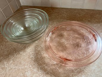 French Nesting Bowls & Footed Pink Glass Cake Plate