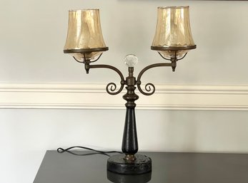 Antique Double Arm Table Lamp With Amber Glass Shades