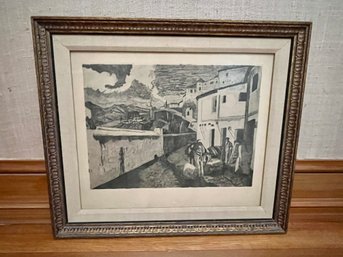 Village Scene Of Man With His Donkey - Framed Lithograph Of An Etching Or Pencil Drawing - Unsigned