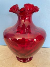 Fenton Ruby Red Diamond Quilt Ruffle Top Art Glass Vase