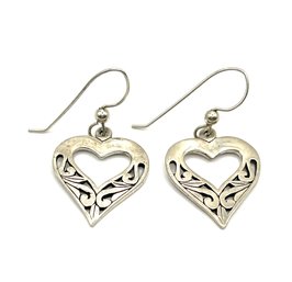 Vintage Sterling Silver Ornate Open Heart Dangle Earrings