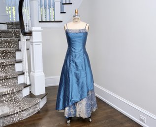 Elena Do Vale Steel Blue Raw Silk Embroidered I Asymmetrical Dress