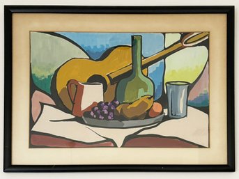 A Vintage Original Gouache On Paper, Still Life With Guitar, V. Imbriano, C. 1960's