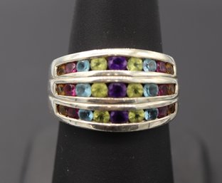 Beautiful Channel Set Rainbow Color Gemstones Sterling Silver Ring