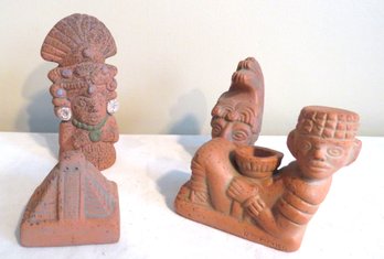 4 Mexican Aztec Pottery Figures & Pyramid