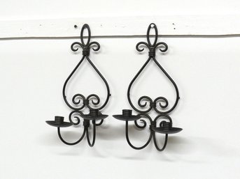 Wrought Fleur De' Lis Form Double Candle Wall Sconces