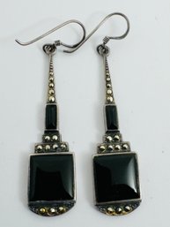 VINTAGE ART DECO STYLE STERLING SILVER ONYX & MARCASITE DANGLE EARRINGS