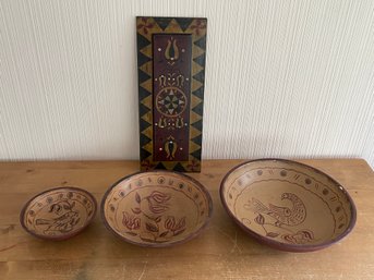 Lot Of 3 Painted Bowls With Decorative Painted Wall Plaque