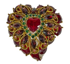 Large Vintage Red Rhinestone Heart Shaped Brooch