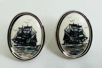 GENUINE SCRIMSHAW STERLING SILVER SHIP HANDMADE EARRINGS