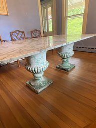 Fantastic Marble Top Custom Dining Room Table 78x40x29 Placed On Top 2 Cast Iron Urns One Of A Kind Creation