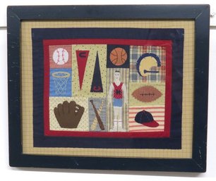 A Bright & Colorful Needlepoint Sports Sampler Folk Art Patriotic Colors Nicely Framed