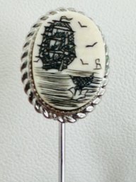 STERLING SILVER SCRIMSHAW SHIP SCENE STICK PIN