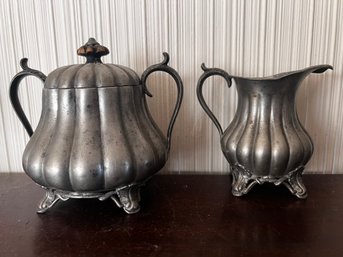 Vintage Victorian Pewter Teapot With Creamer & Sugar