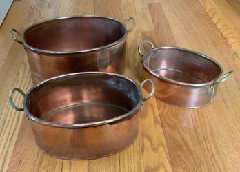 Trio Of Vintage Handled Copper Pots ~ Graduated Sizes ~