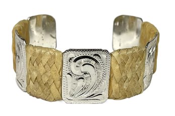 Signed Sterling Silver And Wicker Cuff Bracelet