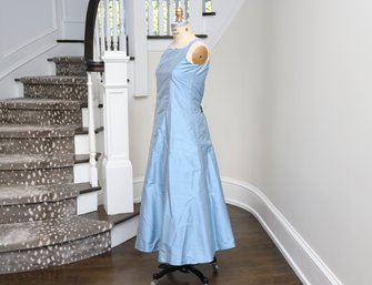 Elena Do Vale Light  Blue Raw Silk Dress With Beaded Neckline