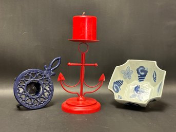 A Group Of Nautical, Beachy Items: Candle Holder, Bowl & Tealight Warmer