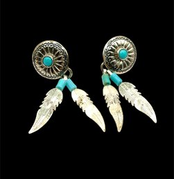 Vintage Sterling Silver Turquoise And Feather Earrings