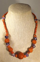 Fine Genuine Coral And Amethyst Beaded 16' Long Necklace
