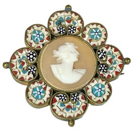 Antique Carved Shell Cameo Brooch Micro Mosaic Victorian