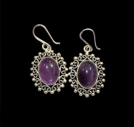 Beautiful Mexican Sterling Silver Amethyst Ornate Dangle Earrings