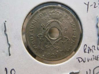 1921  BELGIUM  10 CENTIMES  COIN W/ RARE DOUBLE 1 -  VF