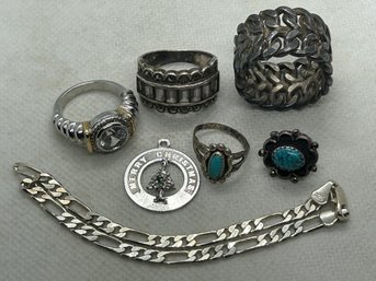 STERLING SILVER JEWELRY Lot- Rings, Bracelet, Charm With Emerald