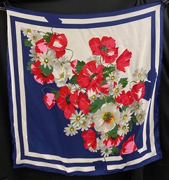 Beautiful Vintage Blue & White Scarf W/ Large Bold Floral