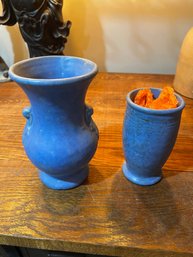 Pair Of Vintage Stamped Blue Vases