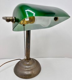 Vintage Brass Bankers Desk Lamp Green Glass Shade Library Light