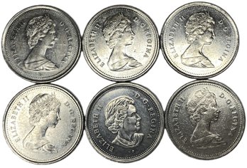 Elizabeth II Canadian 25 Cent Coin Collection (6 Coins In Total)