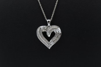 Stunning Multiple Round & Baguette Diamond Sterling Silver Heart Necklace