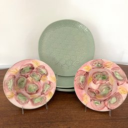 A Set Of Four Lovely Green Dinner Plates With Two Hand Painted Bowls - Charming Collection