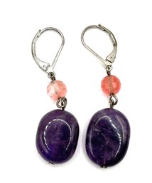 Vintage Cold Polished Purple Stone Pink Beaded Earrings