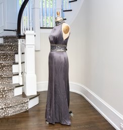 Dorian Ho Silver Grey Graphite And Amber Jeweled Halter Gown